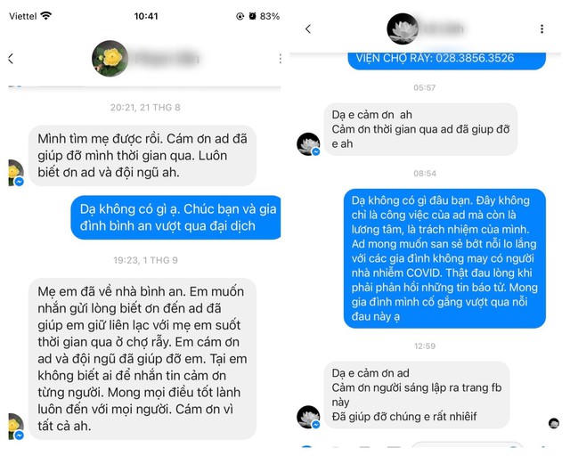 Nhờ cầu nối của Phòng Công tác Xã hội, Bệnh viện Chợ Rẫy, nhiều thân nhân người bệnh đã liên lạc và biết được tình hình bệnh nhân (ảnh chụp màn hình(