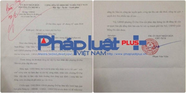 Công văn phúc đáp của phường Ô Chợ Dừa gửi tới các cơ quan chức năng.