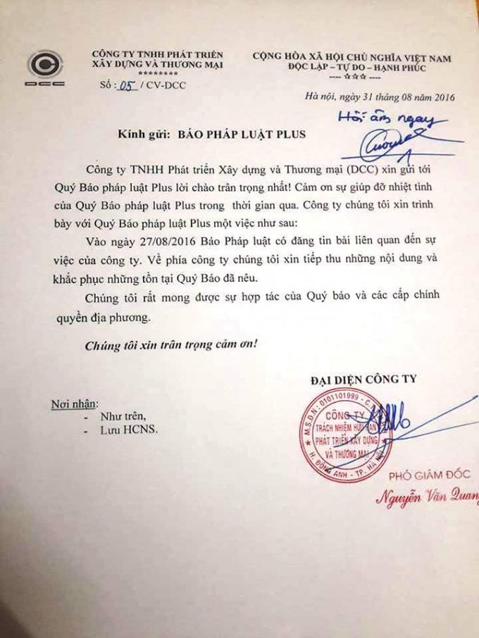 Văn bản hồi đáp của Công ty DCC gửi Phapluatplus.vn