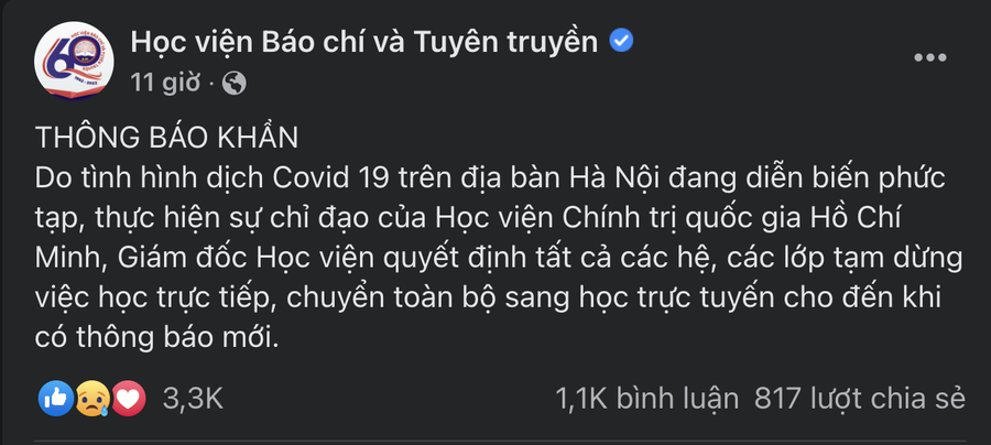 Ngay trong tối 18/2, Học viện đã đưa ra thông báo khẩn hoãn việc học trực tiếp (Ảnh chụp màn hình).