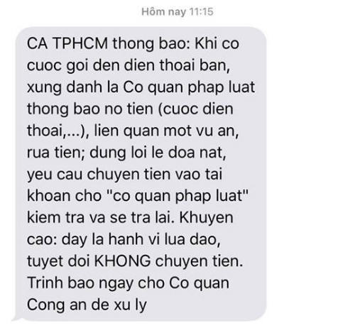 Tin nhắn được gửi đến khách hàng để cảnh báo nạn lừa đảo chuyển tiền.