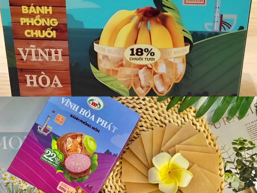Nâng hạng sản phẩm OCOP bánh phồng chuối và bánh phồng môn của Công ty Cổ phần Xuất nhập khẩu Vĩnh Hòa Phát (ấp 2, xã Hàng Vịnh, huyện Năm Căn) 3 sao.