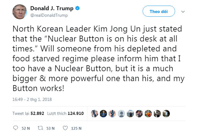 Tổng thống Mỹ Donald Trump viết trên Twitter cá nhân ngày 2/1.