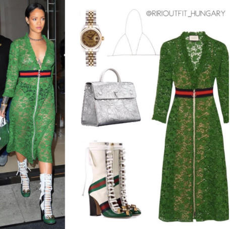 Gucci là một trong những thương hiệu yêu thích của Rihanna. Xuất hiện trong một sự kiện thảm đỏ, nữ ca sĩ diện set đồ gam màu xanh từ nhà mốt Ý và phụ kiện đến từ thương hiệu Dior.
