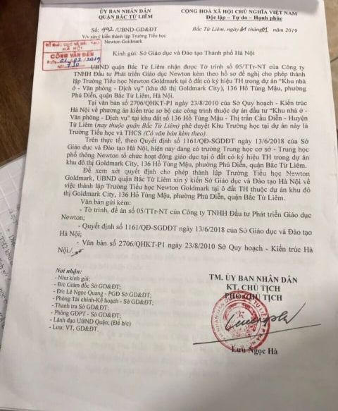 Văn bản của UBND quận Bắc Từ Liêm trình Sở GD&amp;ĐT xem xem quyết định cho phép thành lập trường tại 136 Hồ Tùng Mậu.