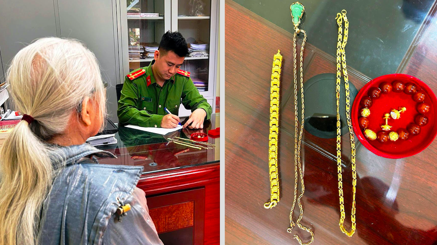 Lực lượng chưc năng Công an phường Phúc Thành vận động cụ bà cùng với số vàng và trang sức cụ Th mang đi bán để lấy tiền chuyển cho đối tượng lừa đảo. Ảnh: BCA.