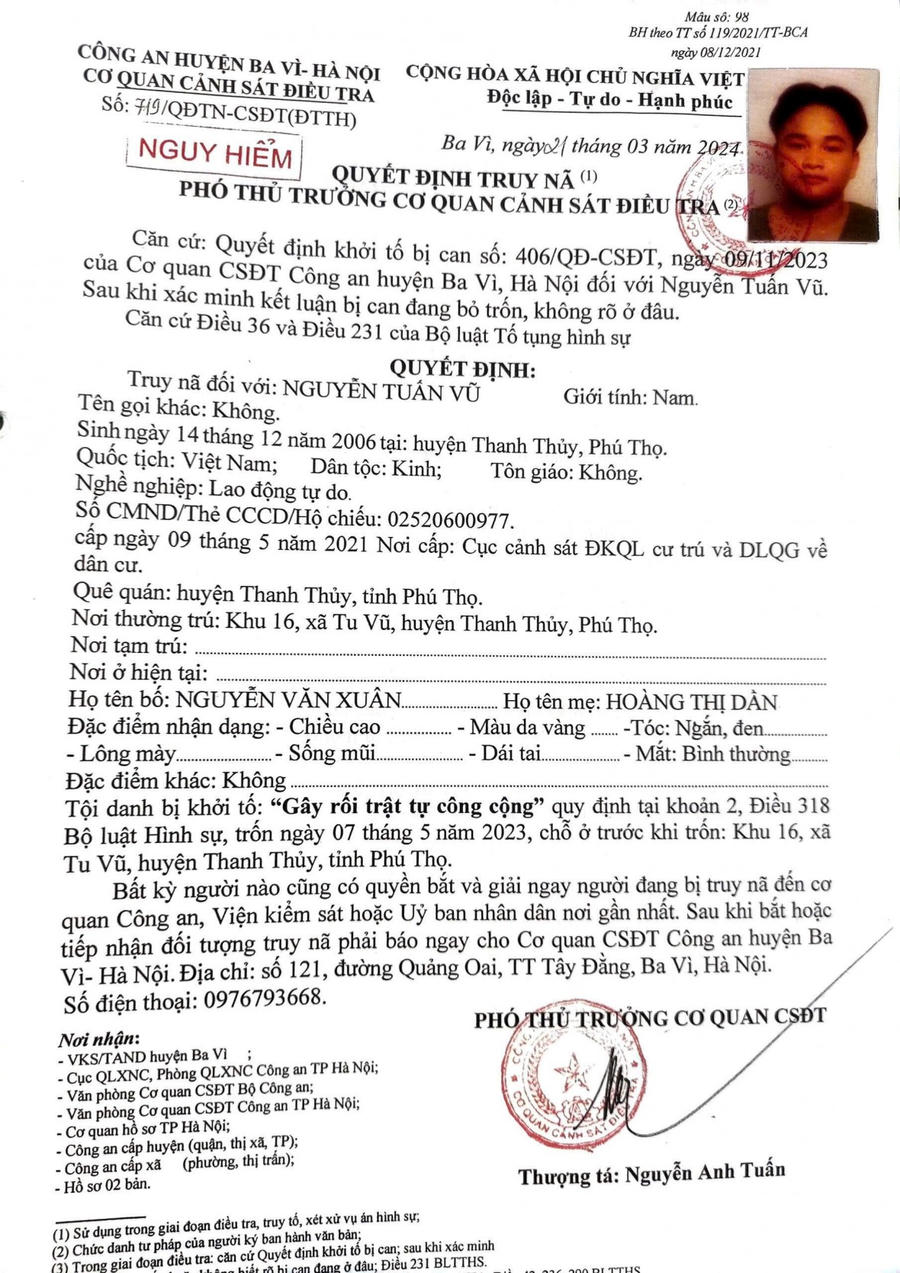 Quyết định truy nã đối tượng Nguyễn Tuấn Vũ.