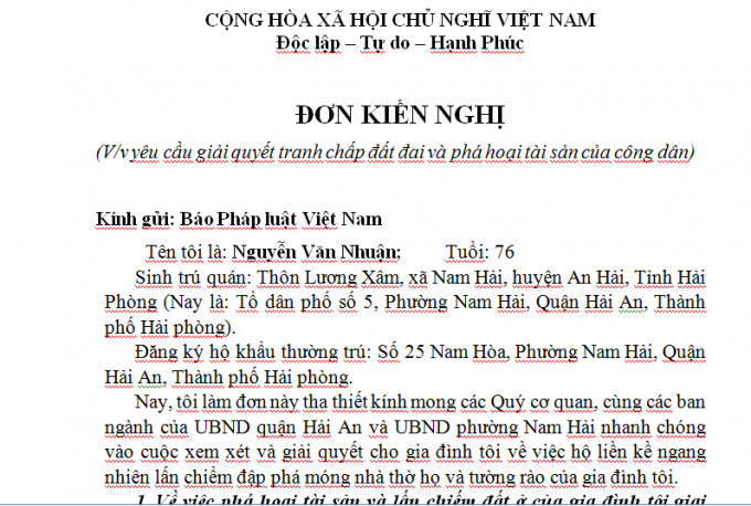 Đơn kiến nghị của ông Nguyễn Văn Nhuận gửi Báo pháp luật Việt Nam.