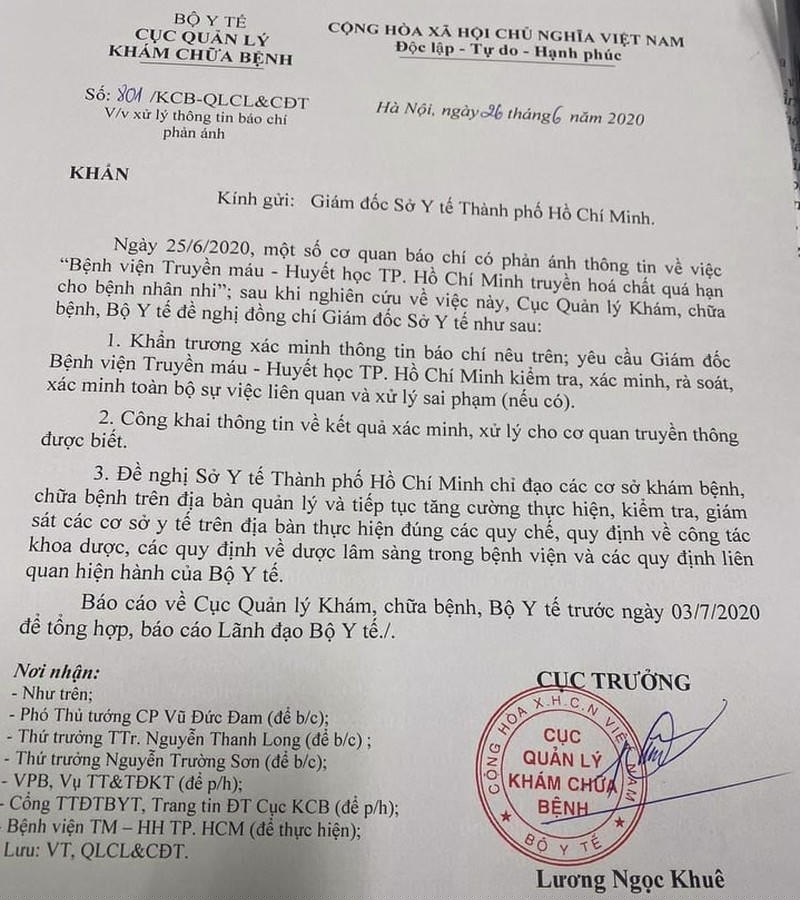 Thông báo khẩn của Cục Quản lý Khám, chữa bệnh tới Sở Y Tế TP.HCM về việc truyền thuốc hết hạn cho bệnh nhân.