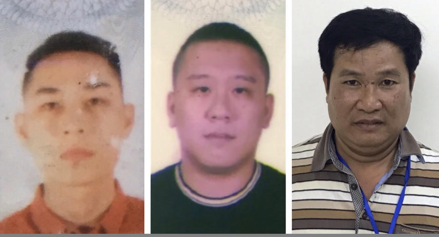 03 bị can bị khởi tố gồm: Mai Tiến Dũng (áo đỏ), Nguyễn Bảo Trung (áo đen)và Phạm Văn Hiệp (áo kẻ ngang). 