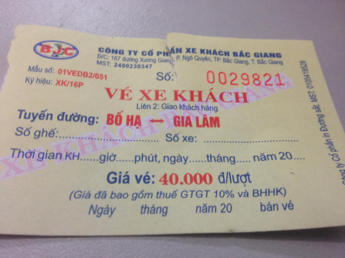 Vé xe của Công ty cổ phần xe khách Bắc Giang