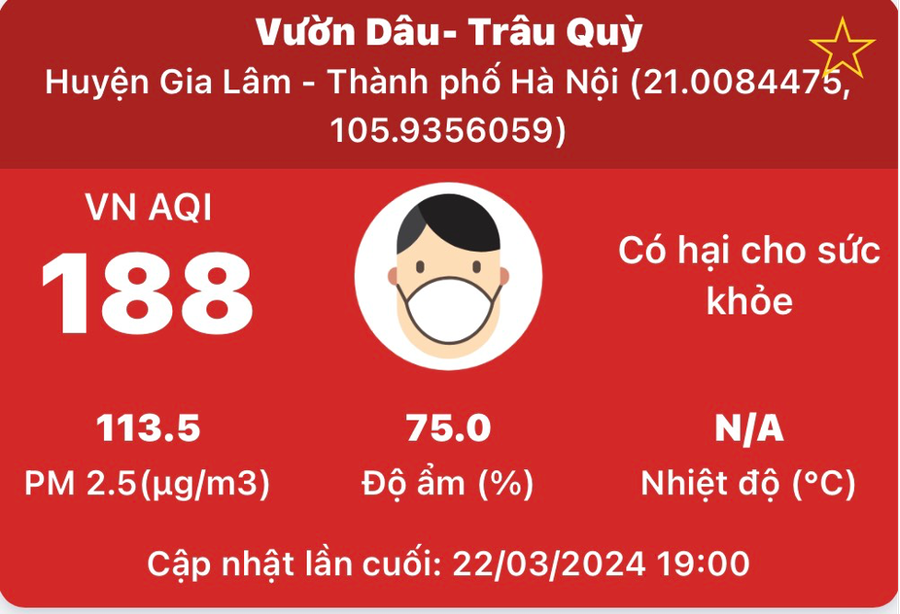 Chỉ số ô nhiễm không khí cao có hại cho sức khỏe - theo đánh giá của Mạng lưới Pam Air tại khu vực Học viện Nông nghiệp Việt Nam.