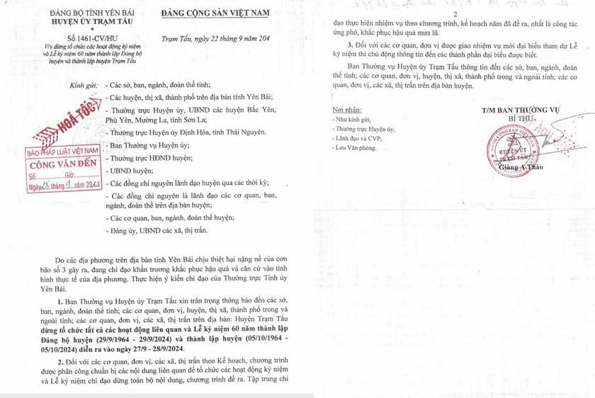 Công văn số 1461/CV-HU về việc dừng tổ chức các hoạt động kỷ niệm và Lễ kỷ niệm 60 năm ngày thành lập Đảng bộ huyện và thành lập huyện Trạm Tấu.