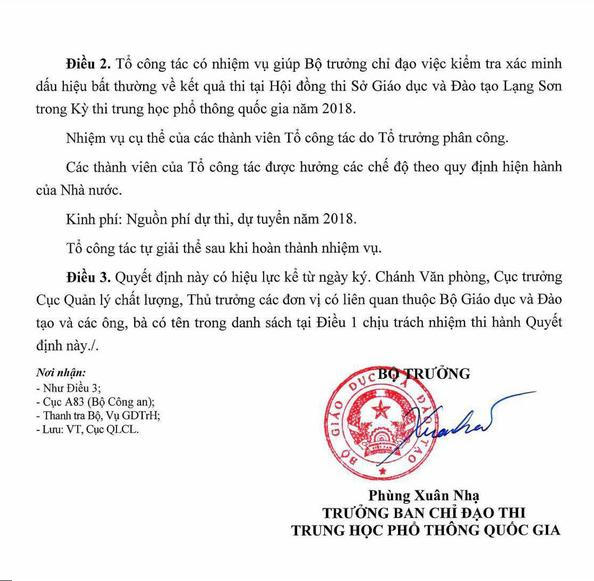 Quyết định th&agrave;nh lập Tổ c&ocirc;ng t&aacute;c x&aacute;c minh dấu hiệu bất thường về điểm thi tại Lạng Sơn.