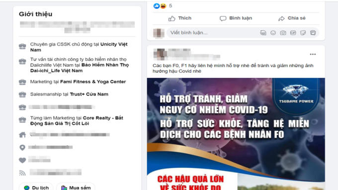 Một trang cá nhân của nhân viên bảo hiểm nhân tư vấn các điều trị COVID-19.