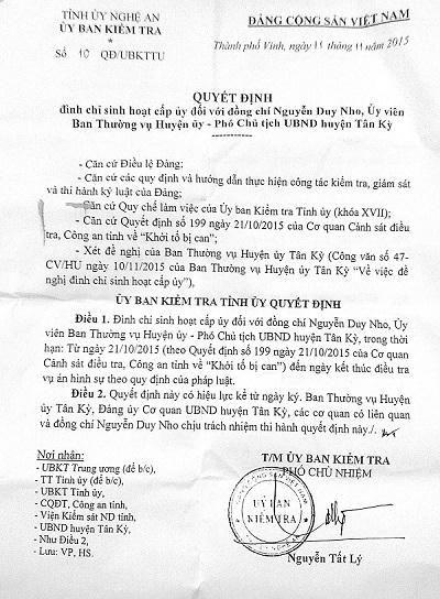 Quyết định đình chỉ sinh hoạt cấp ủy của Ủy ban Kiểm tra Tỉnh ủy Nghệ An với ông Nguyễn Duy Nho (Ảnh tư liệu)