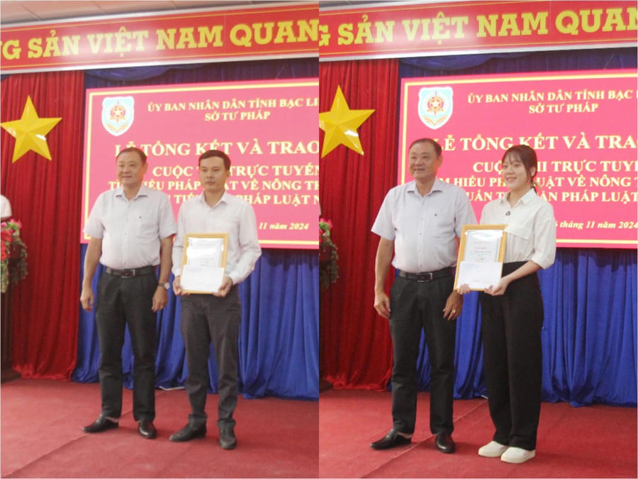 Ông Vưu Nghị Bình - Giám đốc Sở Tư pháp Bạc Liêu, trao giải Nhất cho tập thể Trường THPT Gía Rai (thị xã Gía Rai) và giải Nhất cá nhân cho bạn Huỳnh Ngọc Hạ Vi (ngụ ở khóm 1, phường 7, thành phố Bạc Liêu).