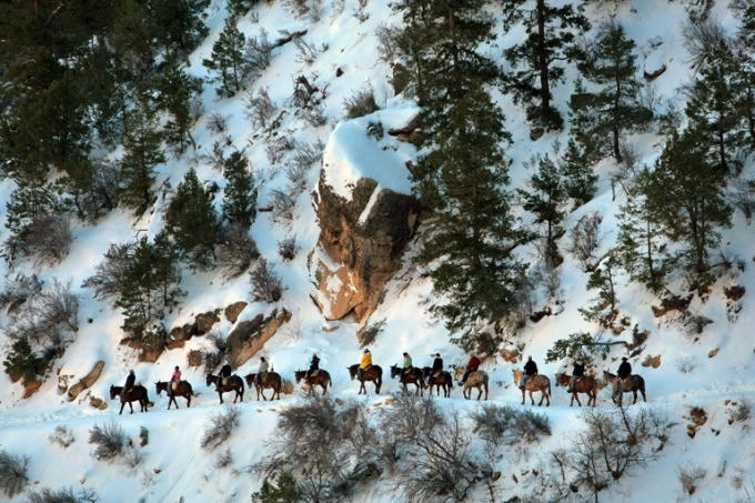 Đoàn du khách cưỡi la trên đường mòn Bright Angel đến trang trại Phantom Ranch ở Vườn quốc gia Grand Canyon, tiểu bang Arizona, Mỹ. Ảnh: Richard Perry.