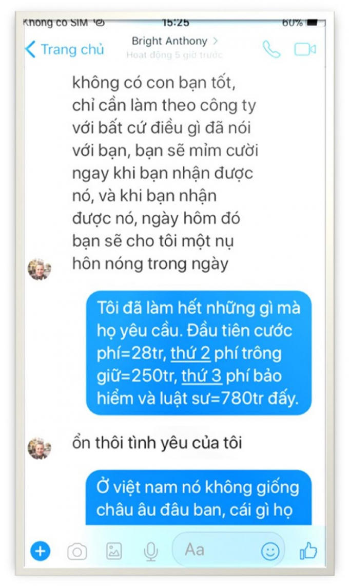 Những dòng tin nhắn mùi mẫn của các đối tượng gửi cho các “quý bà”.
