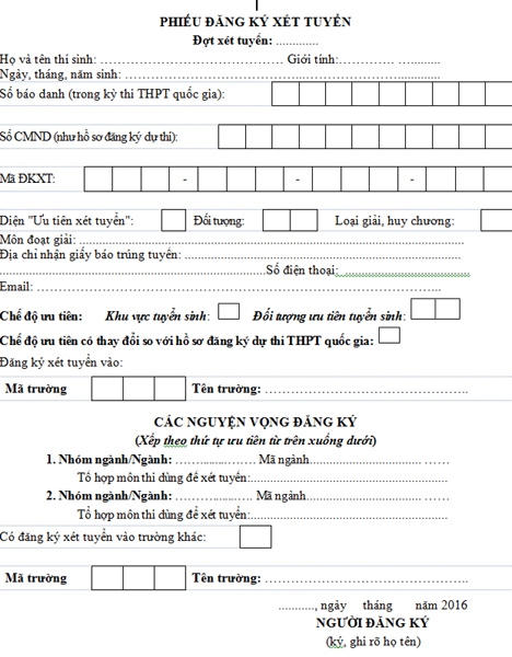 Mẫu phiếu đăng ký xét tuyển ĐH của bộ GD. Vietnamnet