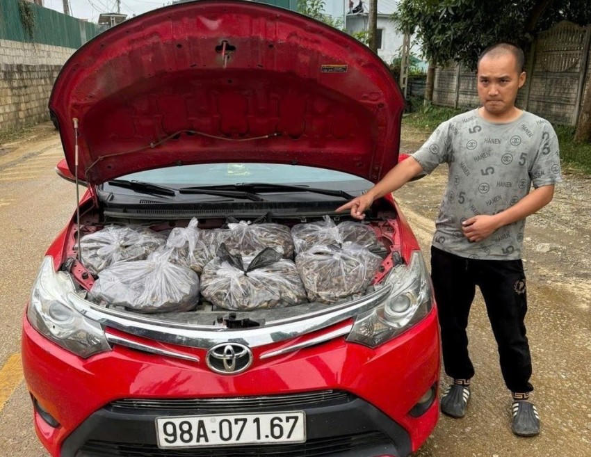 Đối tượng Nông Văn Duy cùng tang vật bị Đồn Biên phòng cửa khẩu quốc tế Trà Lĩnh bắt giữ. (Ảnh: Huy Dương).