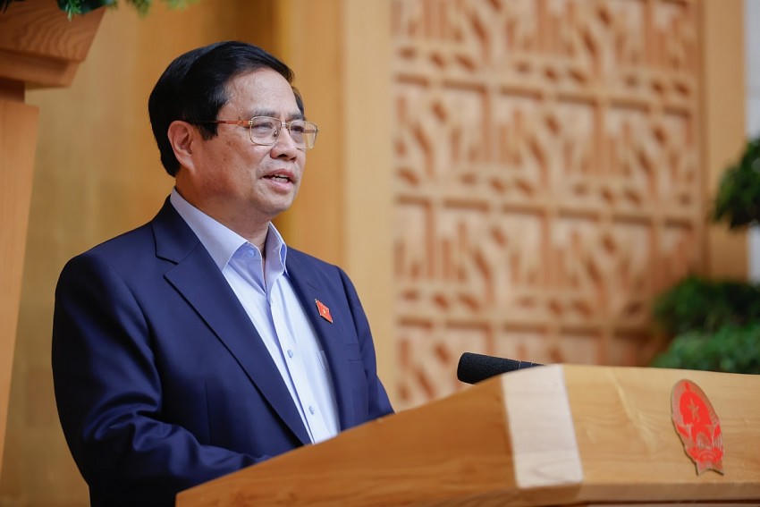 Thủ tướng Phạm Minh Chính phát biểu kết luận Phiên họp của Chính phủ về việc sắp xếp, tổ chức lại đơn vị hành chính các cấp và xây dựng mô hình tổ chức chính quyền địa phương 2 cấp - Ảnh: VGP