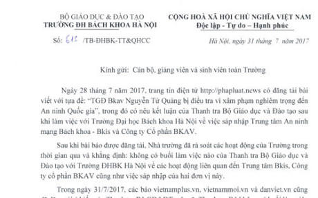 Công văn của trường ĐHBK