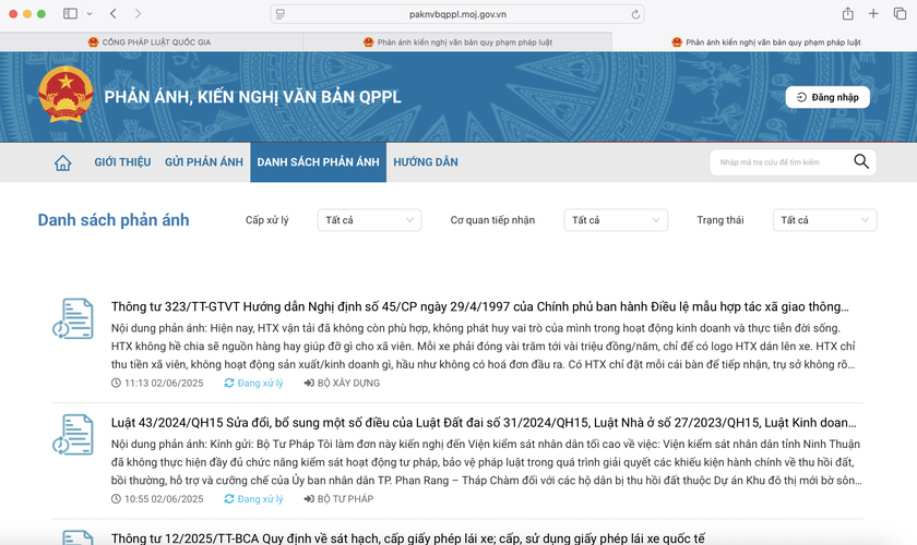 Danh sách phản ánh được chuyển ngay đến cơ quan có trách nhiệm trả lời.