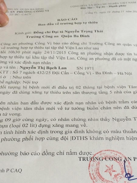 Biên bản báo cáo về trường hợp tự thiêu của công an phường Cống Vị.