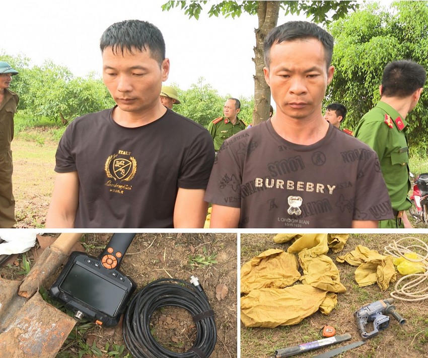 Hai nghi phạm trong vụ đào trộm mộ SHEN JIANGYANG, DENG ZHIJI và các dụng cụ dùng để đào bới.