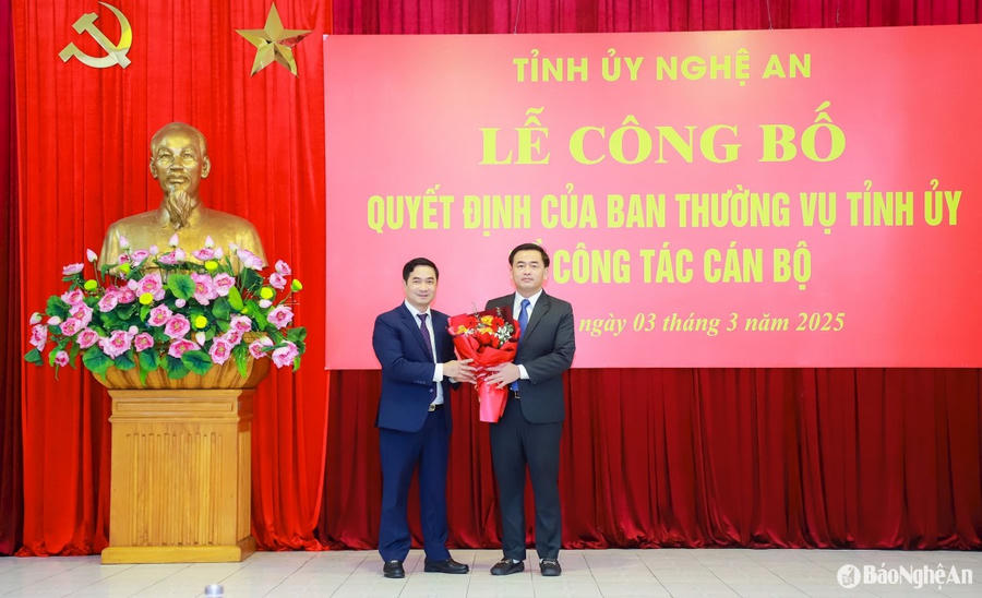 Lãnh đạo Ban Tổ chức Tỉnh ủy chúc mừng tân Phó Trưởng Ban Tổ chức Tỉnh ủy Hồ Sỹ Nguyệt. (Ảnh: Báo Nghệ An).