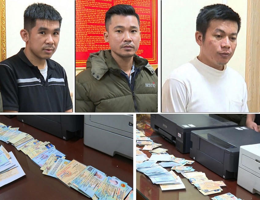 Ba đối tượng (từ trái qua phải) Trần Quốc Tuấn, Phan Văn Lợi, Nguyễn Văn Quân và tang vật vụ án.