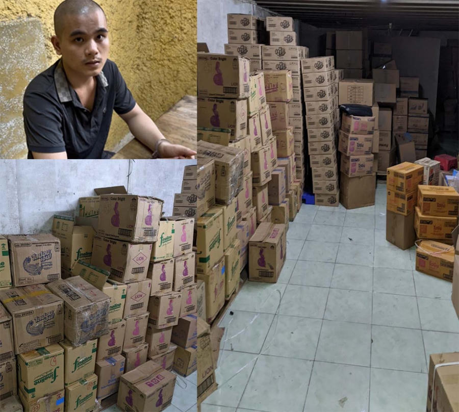 Đối tượng Trần Văn Sơn và số nước giặt, nước rửa bát giả - Ảnh: Công an tỉnh Thanh Hóa.