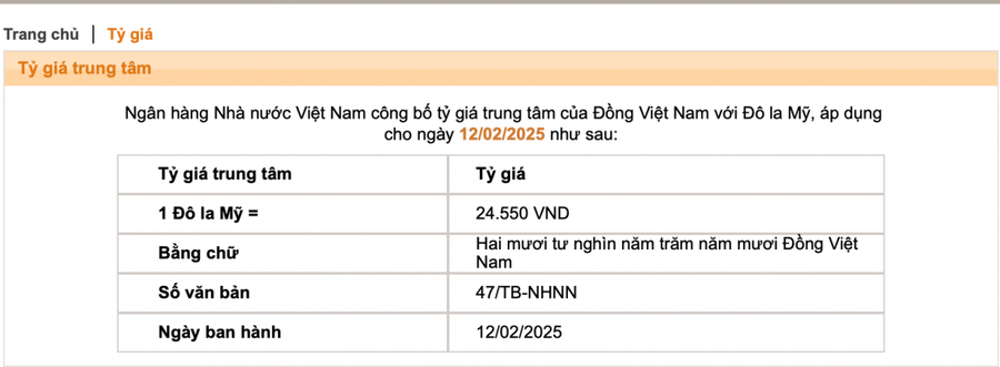 Ngân hàng Nhà nước Việt Nam công bố tỷ giá trung tâm của Đồng Việt Nam với Đô la Mỹ.