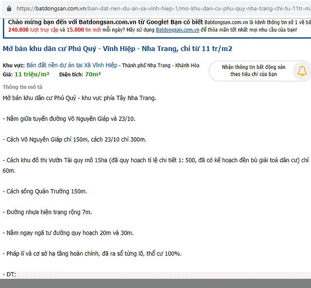 Trang điện tử về bất động sản rao bán dự án ma “khu dân cư Phú Quý”. Ảnh chụp lại màn hình.