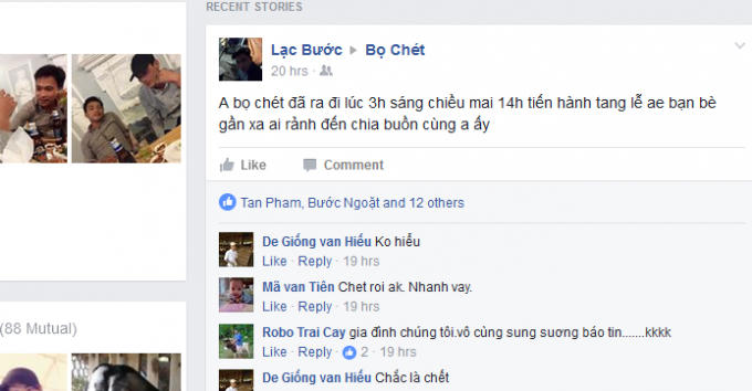 Nickname lạ đăng tin Bọ Chét đã chết. (Ảnh: chụp từ facebook).