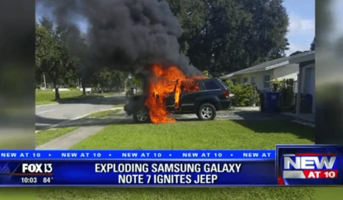 Chiếc xe Jeep bốc cháy dữ dội do Note 7 phát nổ