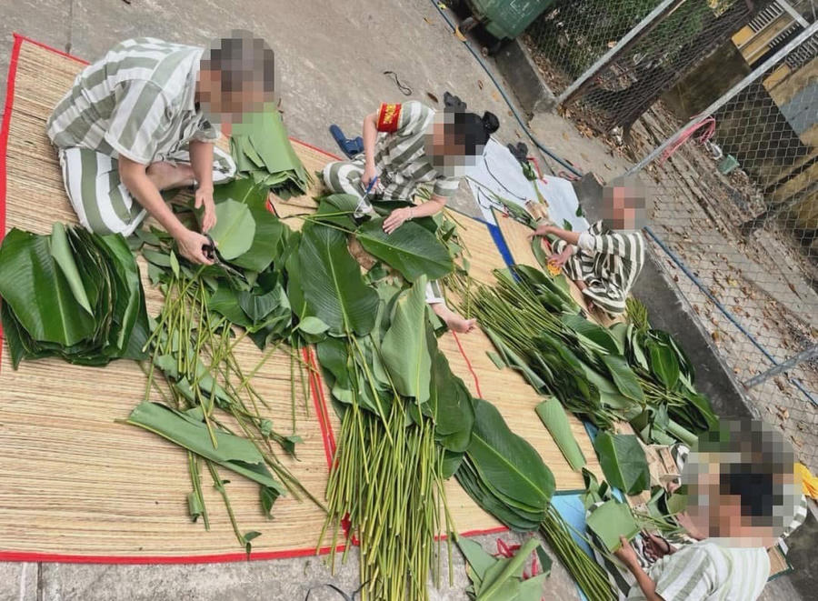 Các phạm nhân tham gia gói bánh chưng