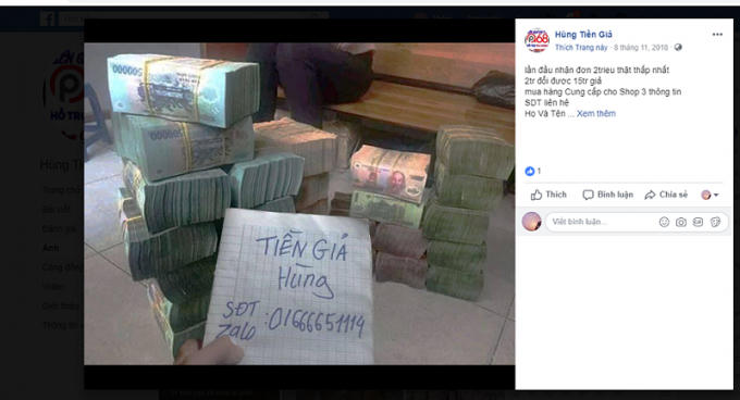 Việc mua bán tiền giả diễn ra một cách công khai và tràn lan trên facebook.