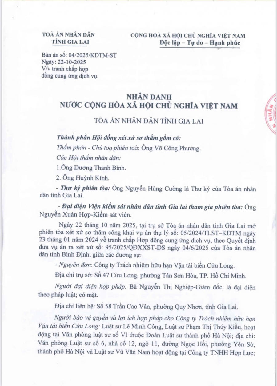 Bản án sơ thẩm (vòng tố tụng thứ 2 của vụ án) được TAND tỉnh Gia Lai xét xử ngày 22/10/2025.