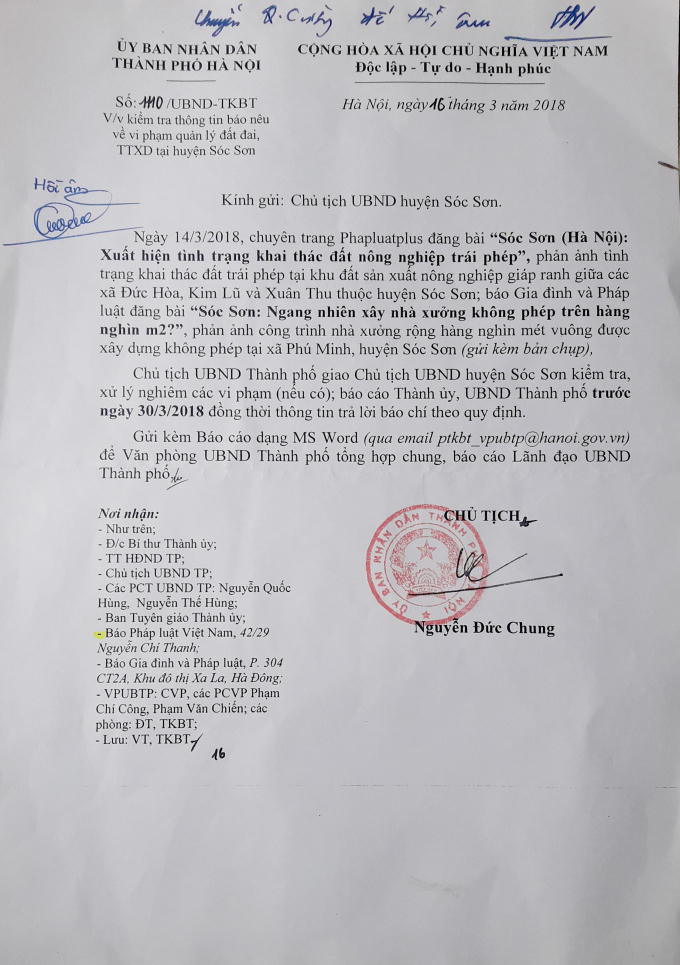 Công văn chỉ đạo của Chủ tịch UBND TP Hà Nội Nguyễn Đức Chung.