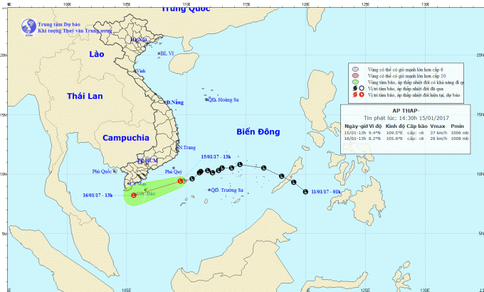 Dự báo hướng đi của áp thấp trên biển. Ảnh: nchmf.gov.vn