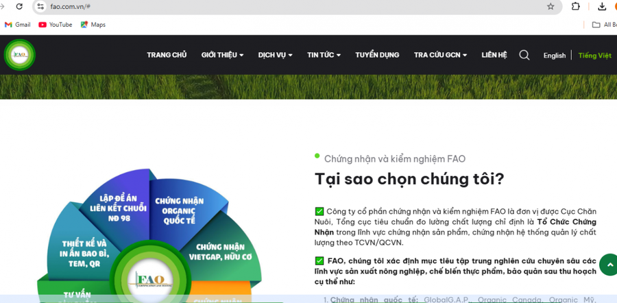 Một phần website của Công ty Cổ phần Chứng nhận và kiểm nghiệm FAO. (Ảnh chụp màn hình)