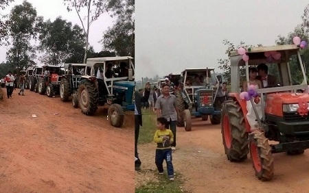 Màn rước dâu bằng 8 chiếc máy cày đi đến đâu cũng nổi bật. 