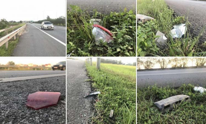 Hiện trường vẫn còn những mảnh vỡ của hai chiếc ô tô