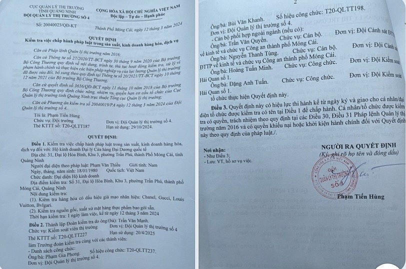 Quyết định kiểm tra việc chấp hành pháp luật trong sản xuất, kinh doanh hàng hóa, dịch vụ đối với Hộ kinh doanh Đại lý cửa hàng Đại Dương Quốc tế .