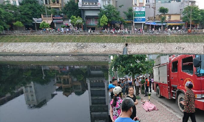 Hiện trường nơi phát hiện thi thể người phụ nữ (ảnh lớn), thi thể người phụ nữ được trục vớt lên bờ (ảnh nhỏ).