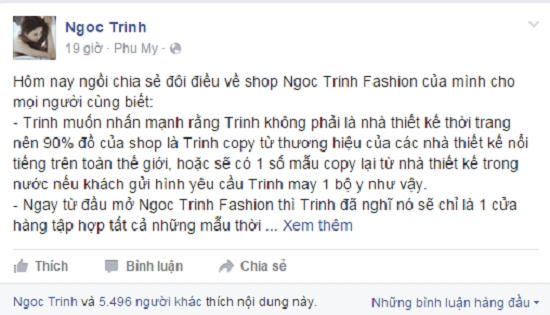 Ngọc Trinh chia sẻ 90% đồ trong shop đều copy. Ảnh: Chụp màn hình Facebook.