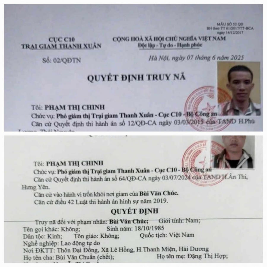 Quyết định truy nã 2 đối tượng của Trại giam Thanh Xuân.