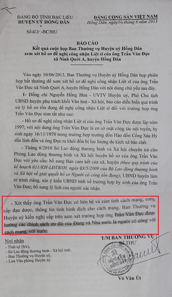 Báo cáo của Huyện ủy huyện Hồng Dân cho rằng ông Đực là người có công với cách mạng.